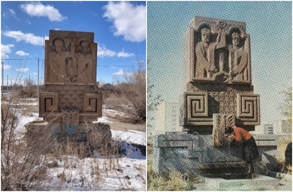 Գյումրեցի վարպետ-շինարարների քանդակն է, որը տեղադրված է քաղաքի երբեմնի ծաղկուն ու զարգացող հատվածում՝ Սավոյան փողոցում